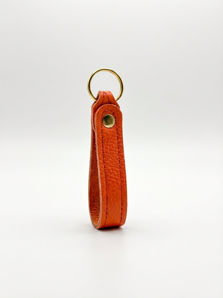 Orange Italian pebble leather keychain keyring with brass hardware
