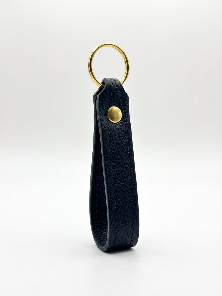Black Italian pebble leather keychain keyring with brass hardware