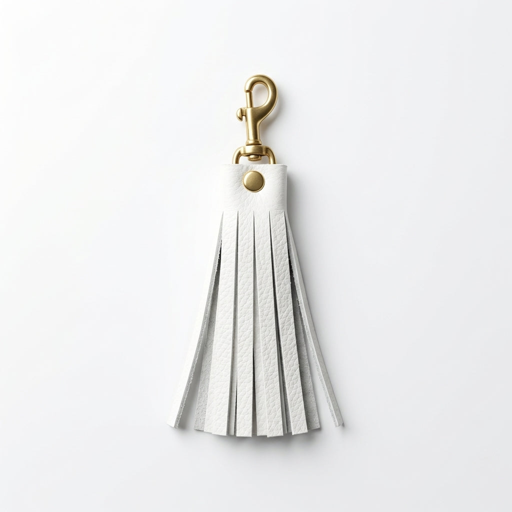 White Italian pebble leather tassel keychain keyring with brass hardware
