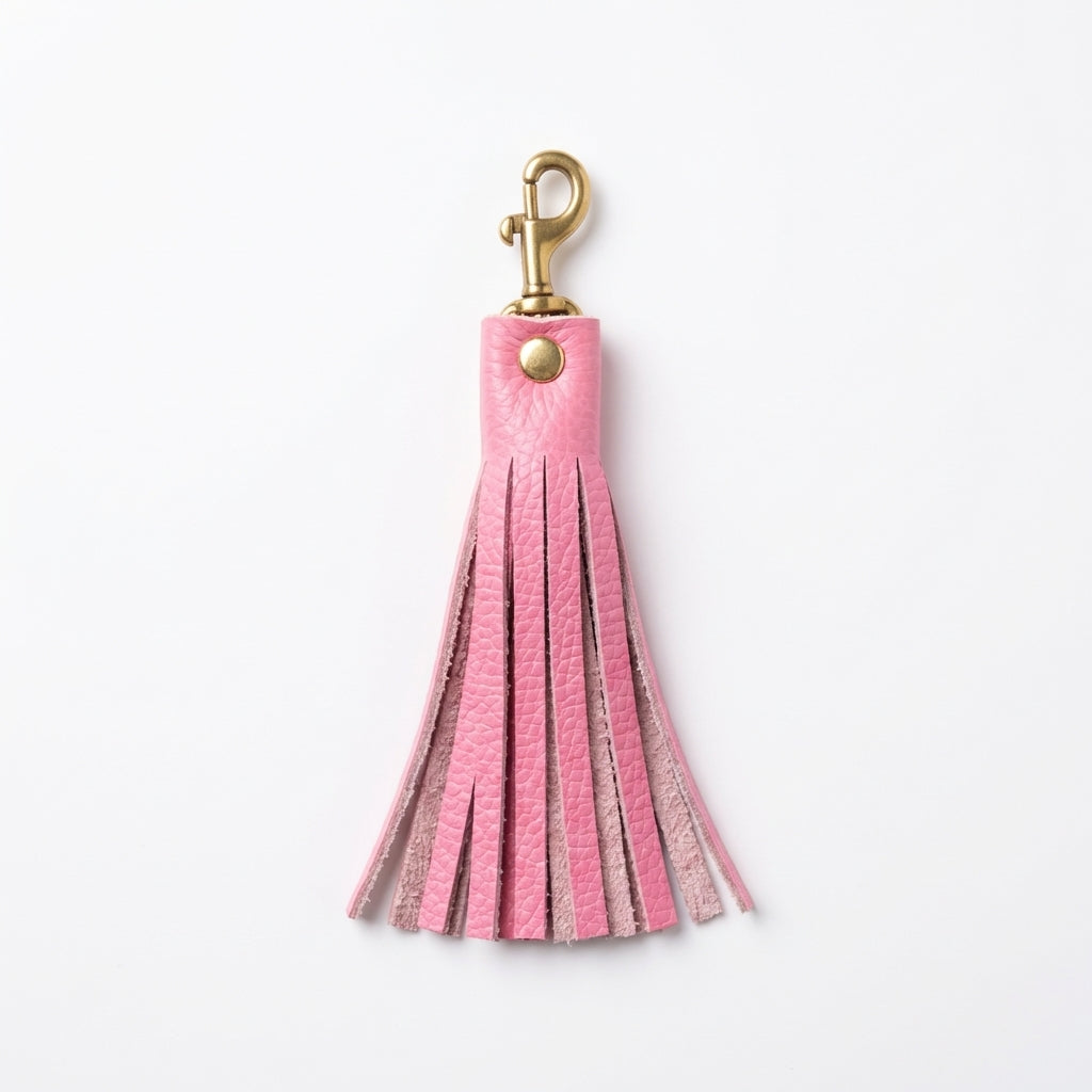 Pink Italian pebble leather tassel keychain keyring with brass hardware