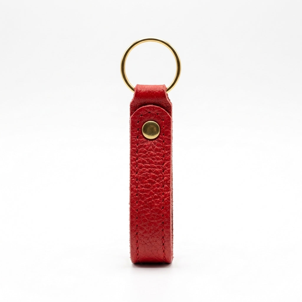 Red Italian pebble leather keychain keyring with brass hardware